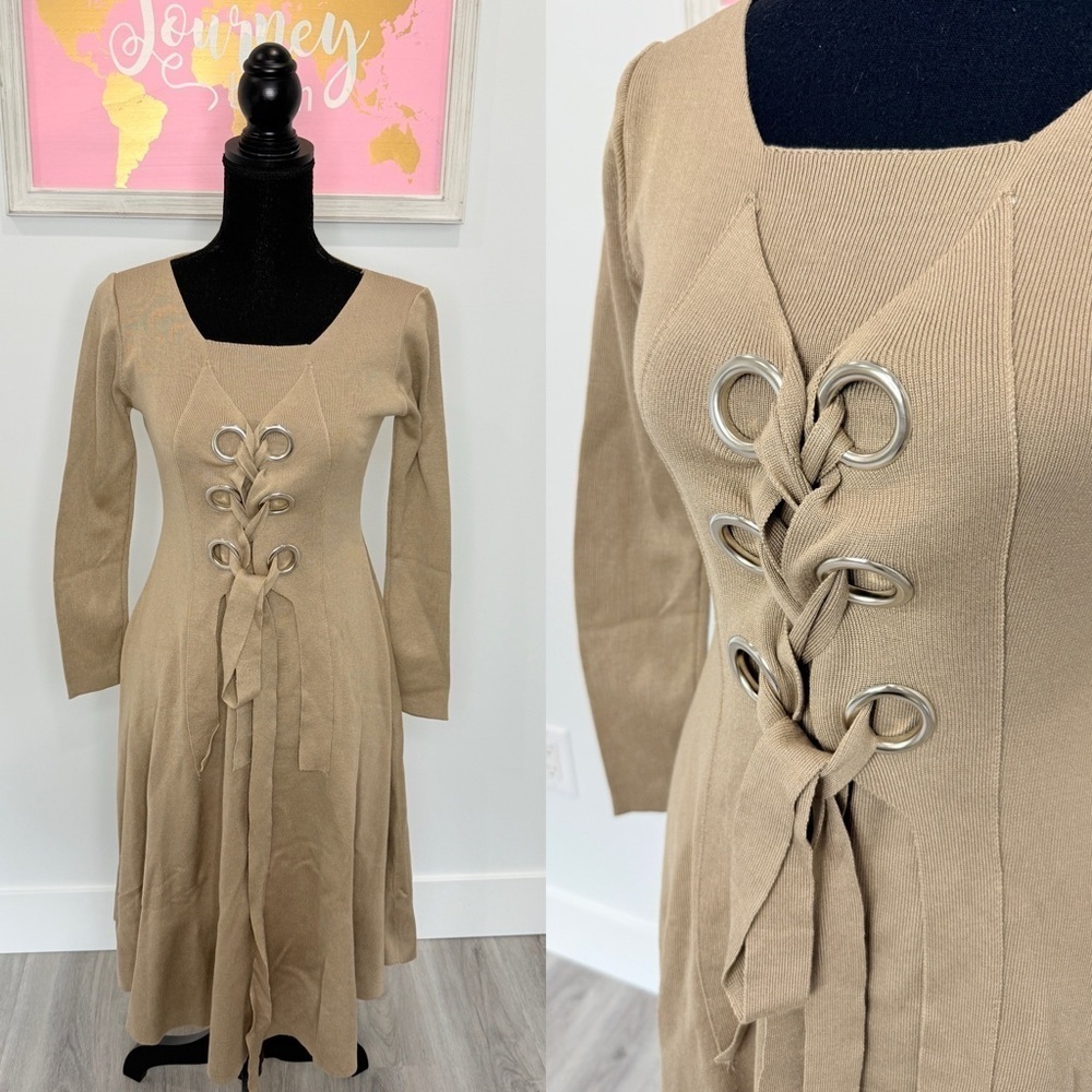 Tan Long Sleeve Front Tie Midi Stretchy Skater Dress